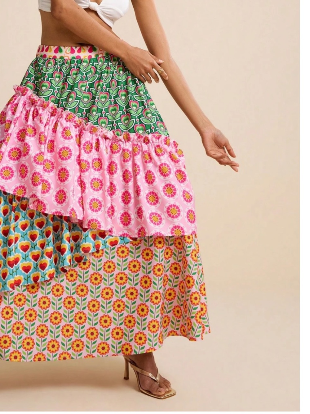 Boho Floral Print Stretchy Waist Layered ruffle Maxi Skirt - Picture 2 of 5